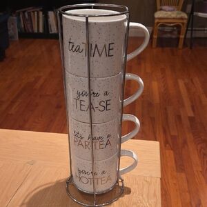 Premium Collection Speckled White Ceramic Mug Set with Stand